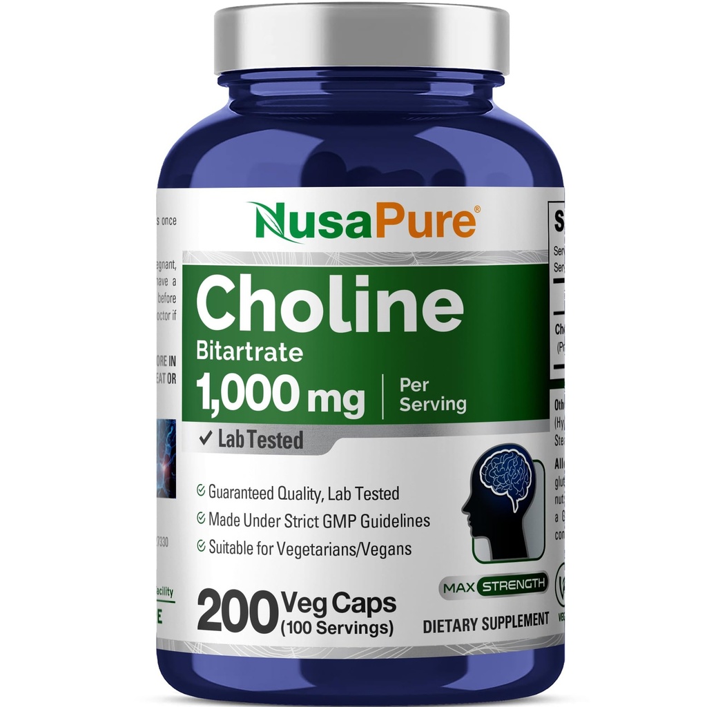 NusaPure Choline Bitartrate 1000 mg 200 κάψουλες Veggie (Βεγκανικά χορτοφαγικά, μη ΓΤΟ)