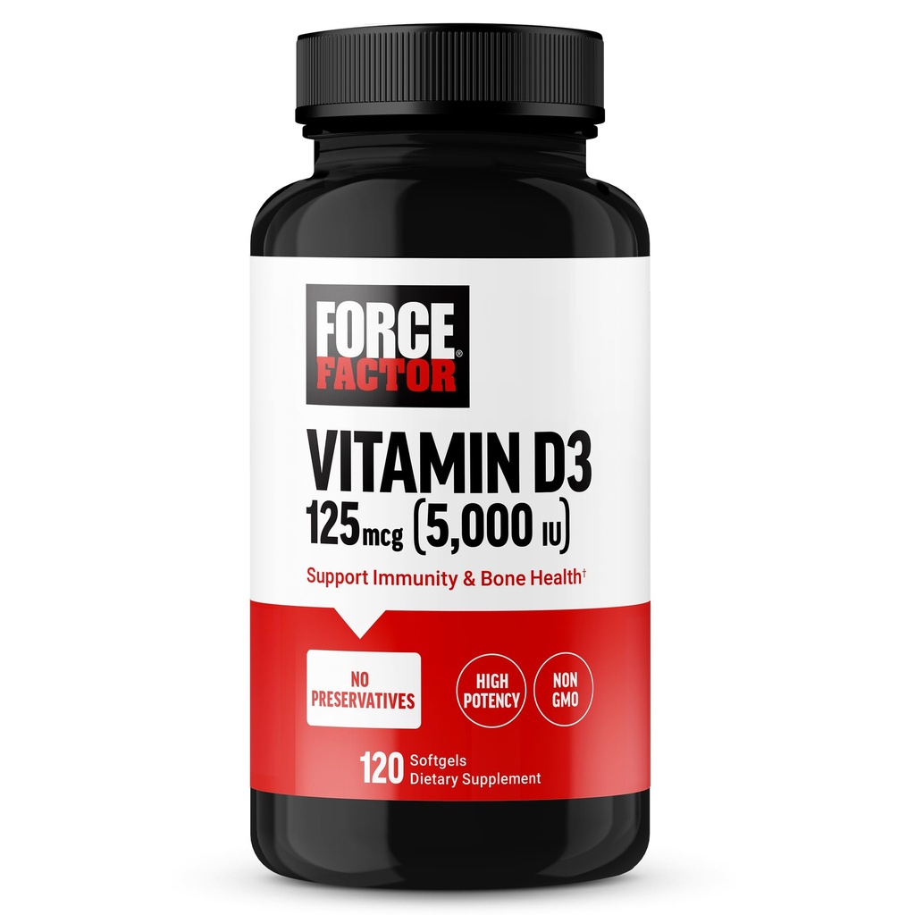 FORCE FACTOR Βιταμίνη D3 5000 IU Softgels, συμπλήρωμα βιταμίνης D υψηλής ισχύος για την υποστήριξη της ανοσίας και της υγείας των οστών, Premium Quality, Χωρίς συντηρητικά, 120 Softgels