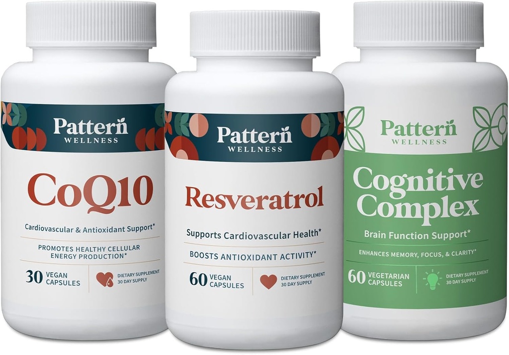 Pattern Wellness Healthy Aging Bundle - CoQ10, Resveratrol, Cognitive Complex - Promotes Timeless Health & Wellness - 3 Pack, All-Natural, Vegan-Friendly Formulas
