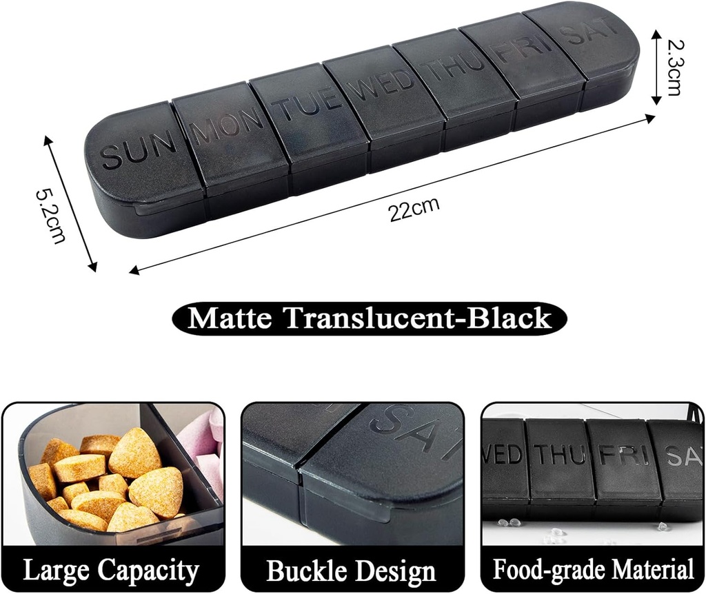 Pill Organizer Large, Weekly 7-Day Vitamins Case Dispenser, Matte Black, Travel Medicine Pill Box Holder Container for Medication, Meds and Minerals, Supplements, Fish Oil, Capsules, Tablet