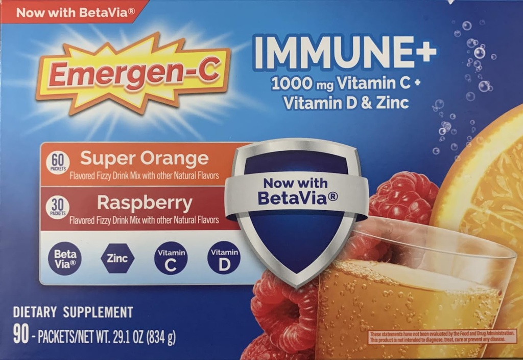 Emergen-C Ανοσοποιητικό+ 1000 mg Βιταμίνη C + Βιταμίνη D & Ψευδάργυρος, (Super Orange 60 Ct/ Raspberry 30Ct) 90 Πακέτα
