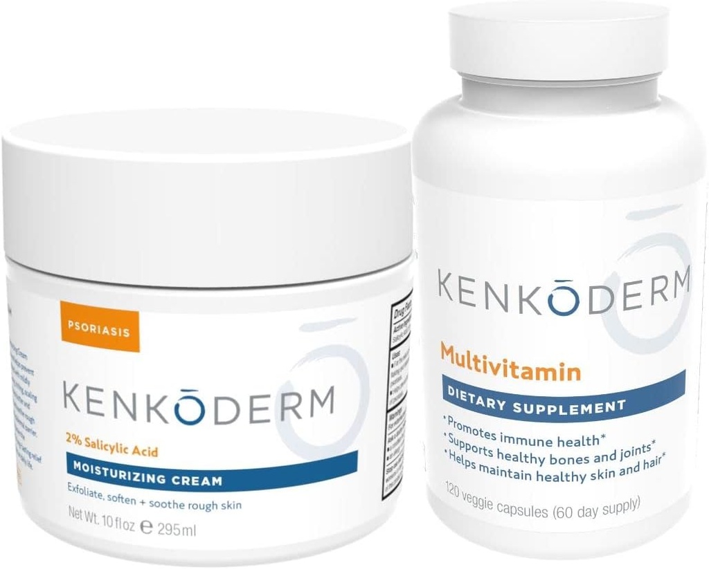 Kenkoderm Ψωρίαση Ενυδατική Κρέμα & Multivitamin Δερμάτινη Φροντίδα Bundle, Ενυδατική Κρέμα με Σαλικυλικό Οξύ, 10 oz & Πολυβιταμίνη με Ωμέγα 3 & Βιταμίνη D, Συμπλήρωμα Ανοσολογικής Υποστήριξης, 120 Κάψουλες