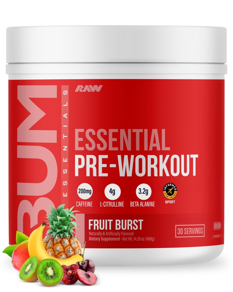 RAW Essential Pre-Workout Powder (Fruit Burst) - Chris Bumstead Sports Συμπλήρωμα διατροφής για άνδρες και γυναίκες - Preworkout Energy Powder με καφεΐνη, L-Citrulline, L-Tyrosine, & Beta Alanine Blend