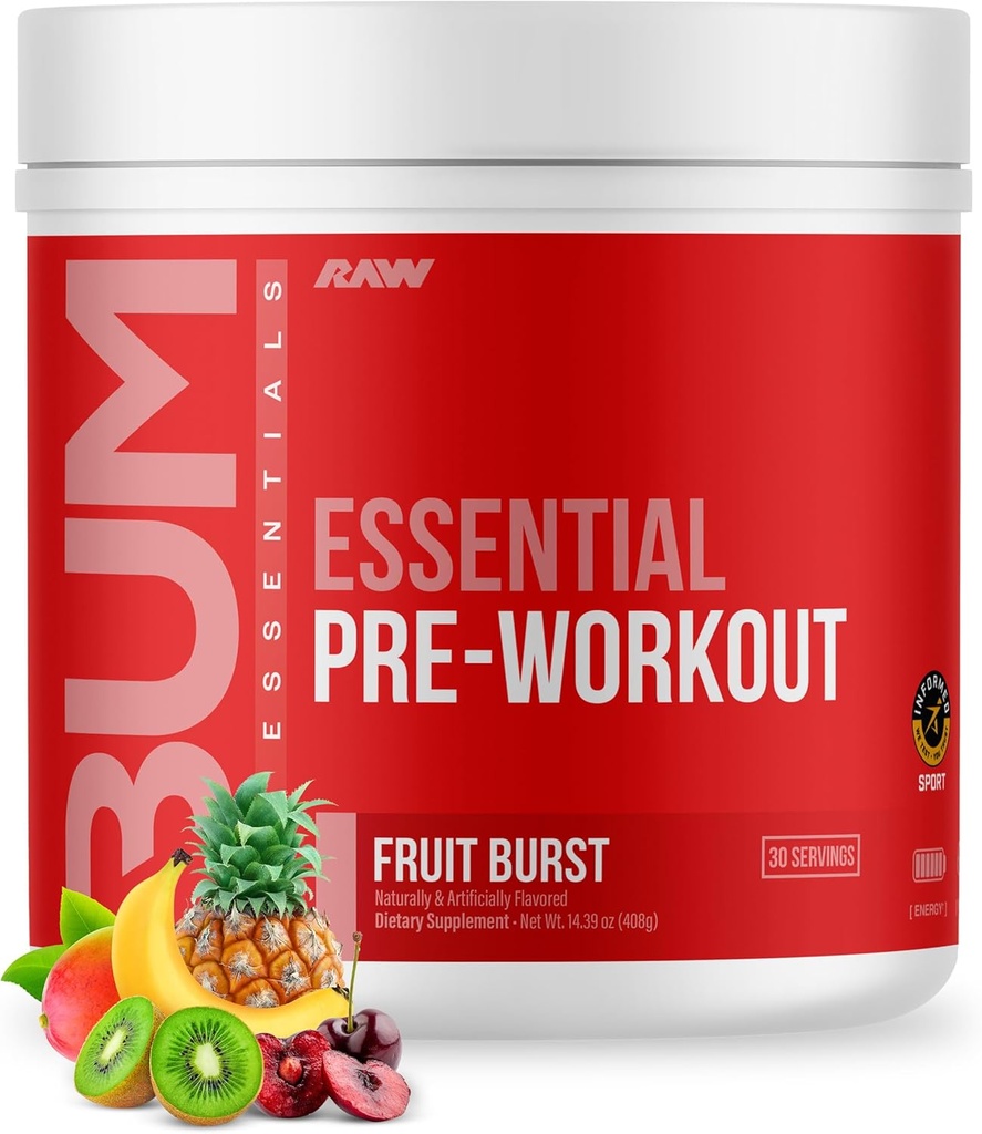 RAW Essential Pre-Workout Powder (Fruit Burst) - Chris Bumstead Sports Συμπλήρωμα διατροφής για άνδρες και γυναίκες - Preworkout Energy Powder με καφεΐνη, L-Citrulline, L-Tyrosine, & Beta Alanine Blend