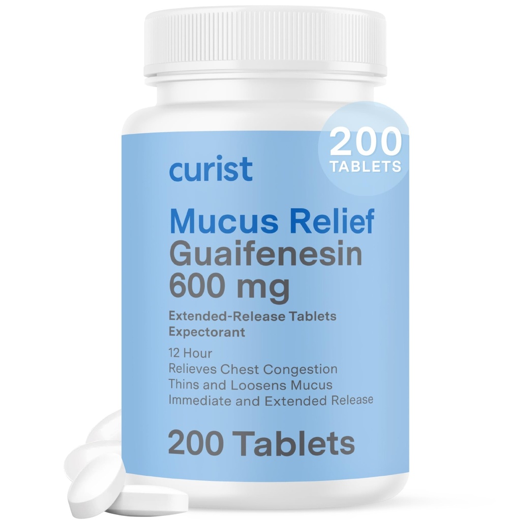 Curist Guaifenesin 600 mg Extended Release Tablets (200 Dye-Free Tablets) - Expectorant Mucus Relief, Generic Guaifenesin 600 mg, (Bulk Pack)