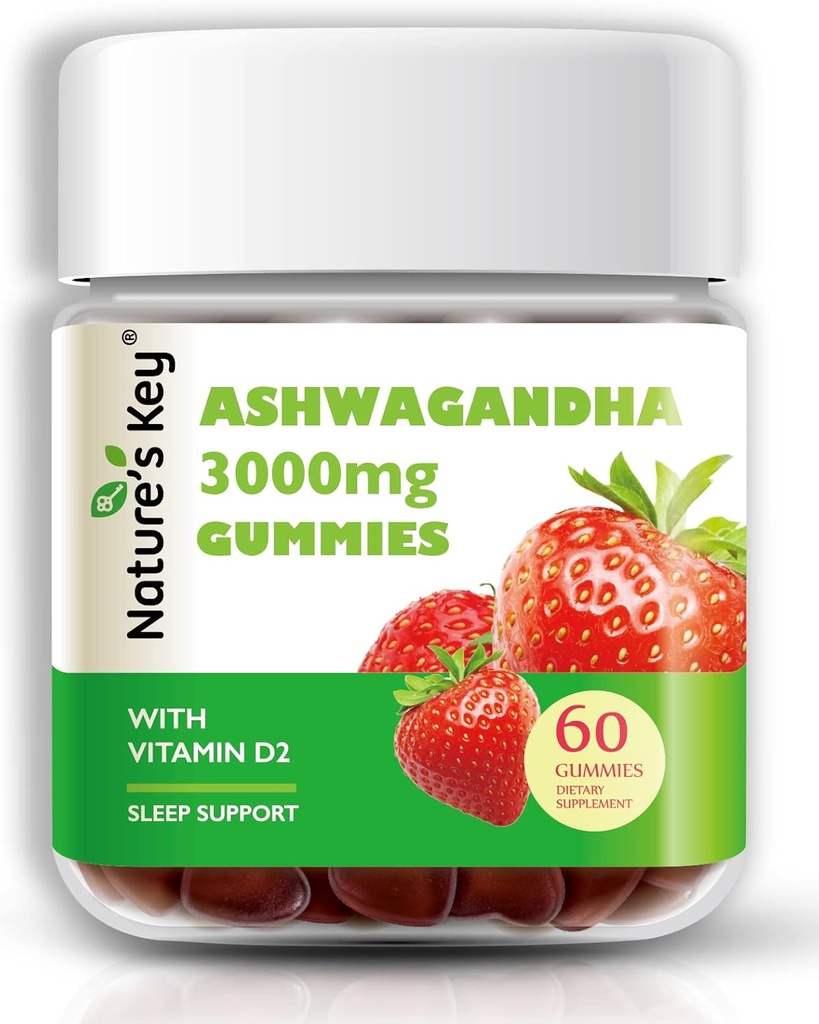 Nature's Key Ashwagandha Gummies, 3000mg High Potency Ashwagandha Root Extract with Vitamin D2, Stress, Calm Mood & Cognition, for Men & Women, Strawberry Flavor (60 Count (Pack of 1)