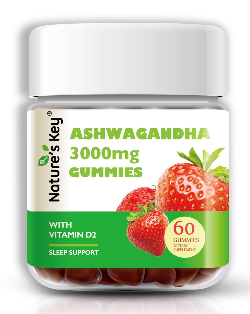 Nature's Key Ashwagandha Gummies, 3000mg High Potency Ashwagandha Root Extract with Vitamin D2, Stress, Calm Mood & Cognition, for Men & Women, Strawberry Flavor (60 Count of 1)