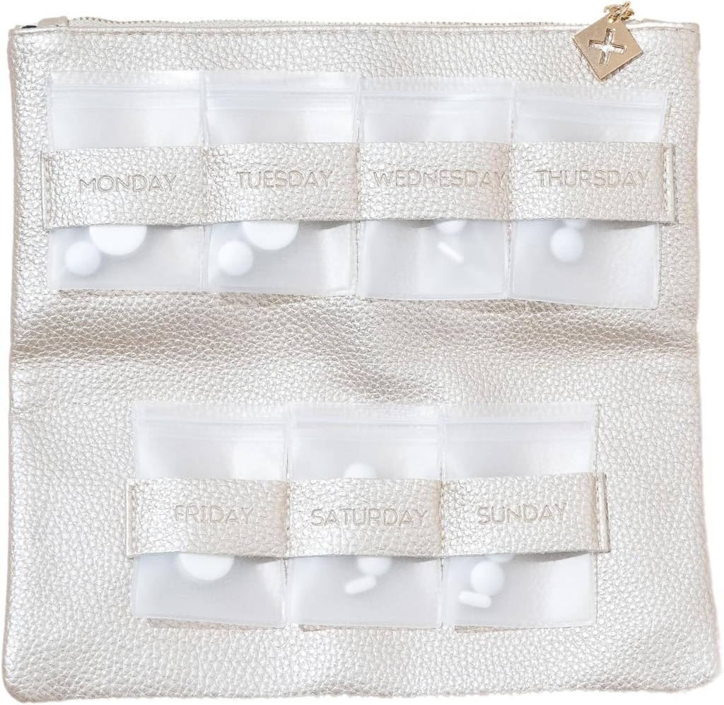 Dosey Gold Era 7-Day Pill Purse - Vegan Δερμάτινο Daily Pill Organizer - Luxury Travel Pouch, Airtight Pill Pockets for Medicine Storage & Protection - Κομψό Pill Sorter & Medication Organizer – Gold
