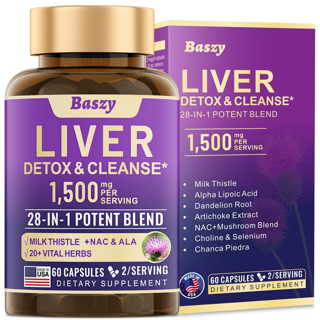 28-in-1 Liver Cleanse Detox & Repair - 1500mg Liver Health Support with Milk Thistle, Dandelion Root, Artichoke Extract, and 20+ Herbal Liver Support Supplements - Made in USA - 60 Capsules