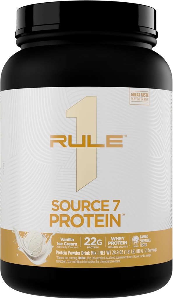 Rule 1 Source 7 Protein – Decadent Flavor, Velvety Smooth Texture, 22g Anytime Protein, and 10g Naturally Occurring EAAs Per Serving from 7 Premium Sources (1.8 Pounds*, Vanilla Ice Cream)
