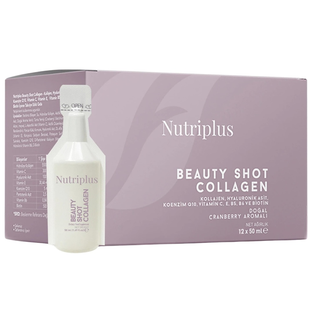 FARMASi Nutriplus Beauty Shot Collagen, Type I and III Collagen with Hyaluronic Acid Coenzyme Q10 Biotin and Vitamins, Cranberry Flavor Sugar Free Liquid Supplement, 12 x 1.69 fl oz