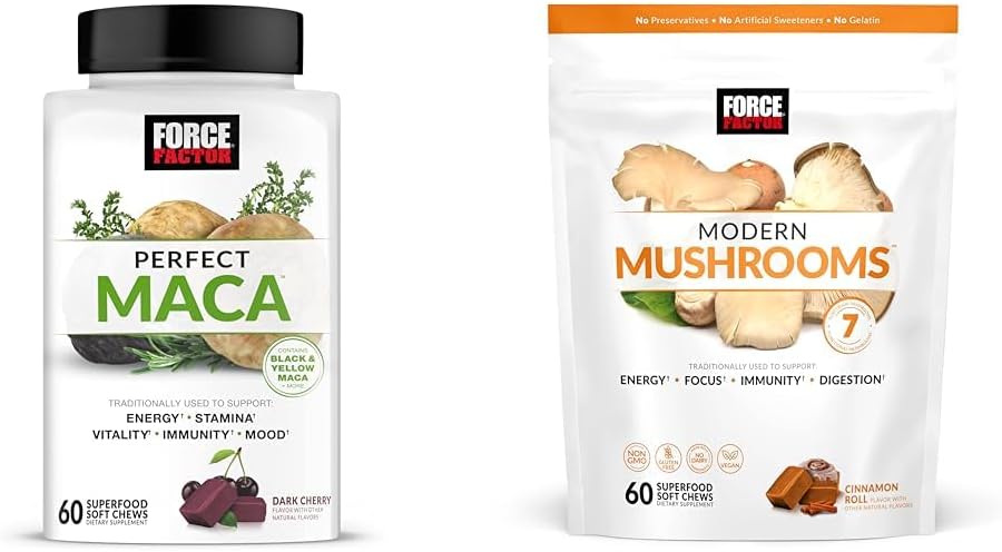 Force Factor Maca & Mushroom Συμπληρώματα με 7 Μανιτάρια, Maca Root, Βιταμίνες, 60 Μαλακές Μασούσες