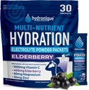Hydronique Hydration Packets | Low Sodium Electrolytes Powder | 54mg Sodium | Vitamins, Minerals, Antioxidants | Elderberry Flavor (30 Packs)