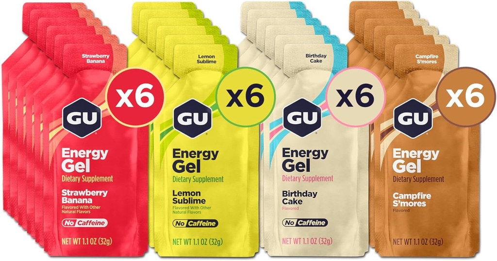 GU Energy Original Sports Nutrition Energy Gels, 24 Count, Vegan, Gluten-free, Kosher, και Dairy-free on-the-Go Energy για κάθε προπόνηση, Ποικιλία χωρίς καφεΐνη