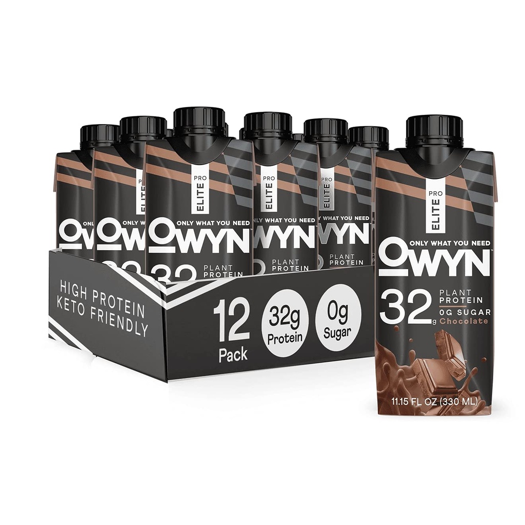 OWYN Pro Elite Vegan High Protein Shake, Chocolate, 32g Plant Based Protein, with Fiber, Prebiotics, Superfoods Greens, Workout and Recovery, 0g Net Carbs, Zero Sugar, Keto (12 Pack)