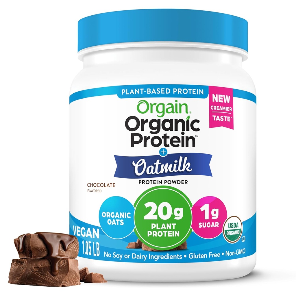 Orgain Organic Vegan Protein Powder + Γάλα βρώμης, Σοκολάτα - 20g Πρωτεΐνη με βάση το φυτό, Χωρίς γλουτένη, Χωρίς γαλακτοκομικά, σόγια ή Λακτόζη Συστατικά, χαμηλή ζάχαρη, μη ΓΤΟ, Kosher, Για ανακινήσεις & Smoothies - 1.05lb