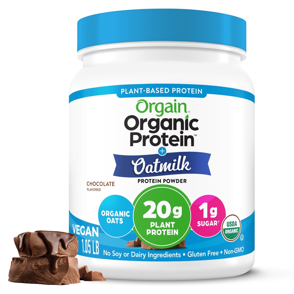 Orgain Organic Vegan Protein Powder + Γάλα βρώμης, Σοκολάτα - 20g Πρωτεΐνη με βάση το φυτό, Χωρίς γλουτένη, Χωρίς γαλακτοκομικά, σόγια ή Λακτόζη Συστατικά, χαμηλή ζάχαρη, μη ΓΤΟ, Kosher, Για ανακινήσεις & Smoothies - 1.05lb