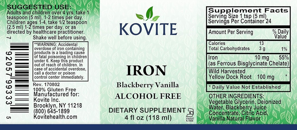 Liquid Iron 10 mg - Αύξηση της ενέργειας και των επιπέδων αίματος Χωρίς ναυτία ή δυσκοιλιότητα – Υγρές σταγόνες σιδήρου για άνδρες, γυναίκες και παιδιά - BlackBerry Vanilla Flavor - 4 fl oz. Πιστοποιημένος Kosher