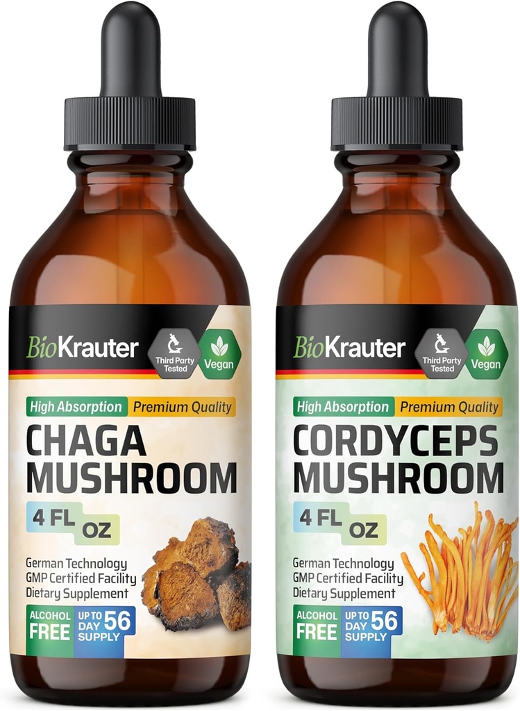 BIO KRAUTER Chaga Mushroom Βάμμα 4 Fl. Oz. & Cordyceps Mushroom Tincture 4 Fl. Oz.