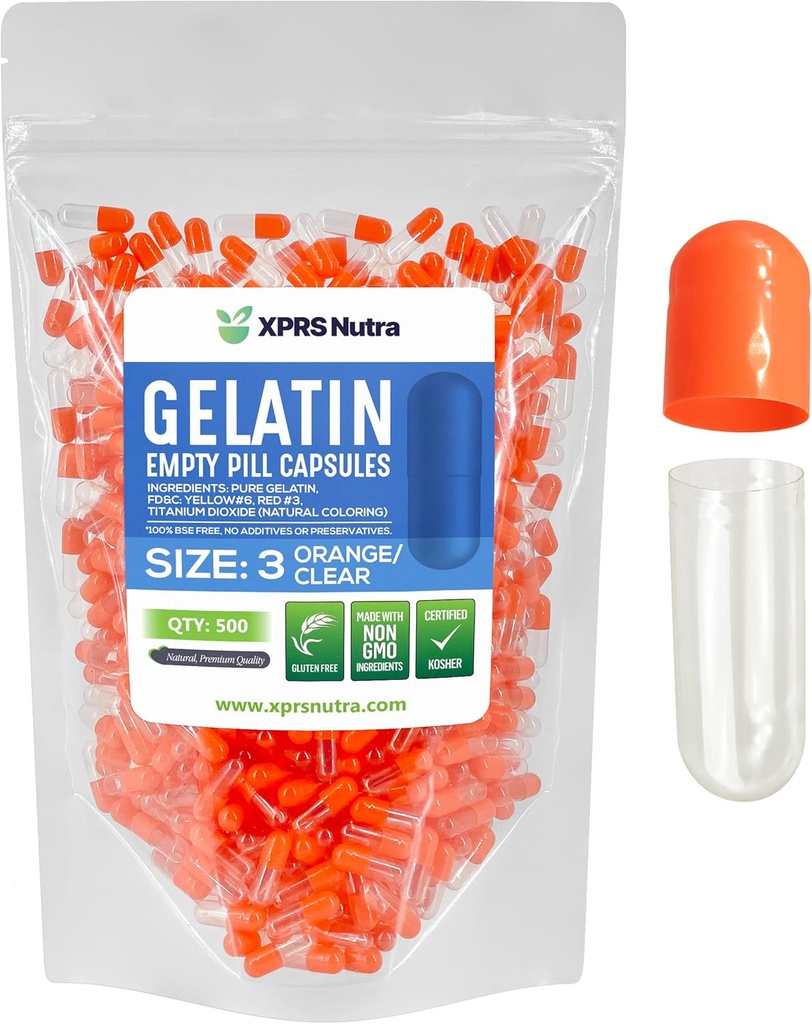 XPRS Nutra Μέγεθος 3 Κενές κάψουλες - 500 Count Empty Gelatin Κάψουλες - Χάπια DIY Καψάκιο Γέμισμα - Καθαρά καπάκια τζελ Βοοειδών Γέμισμα Do-It-Yourself Βιταμίνες και συμπληρώματα (Orange/Clear)