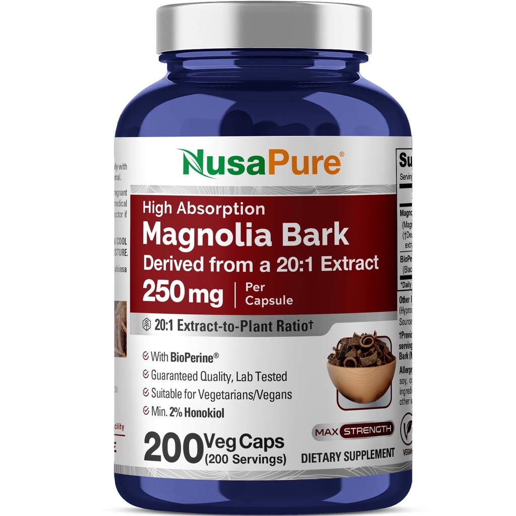 NusaPure Magnolia Bark Capsules, 250 mg, 200 Veg Capsules (Non-GMO, Vegan)
