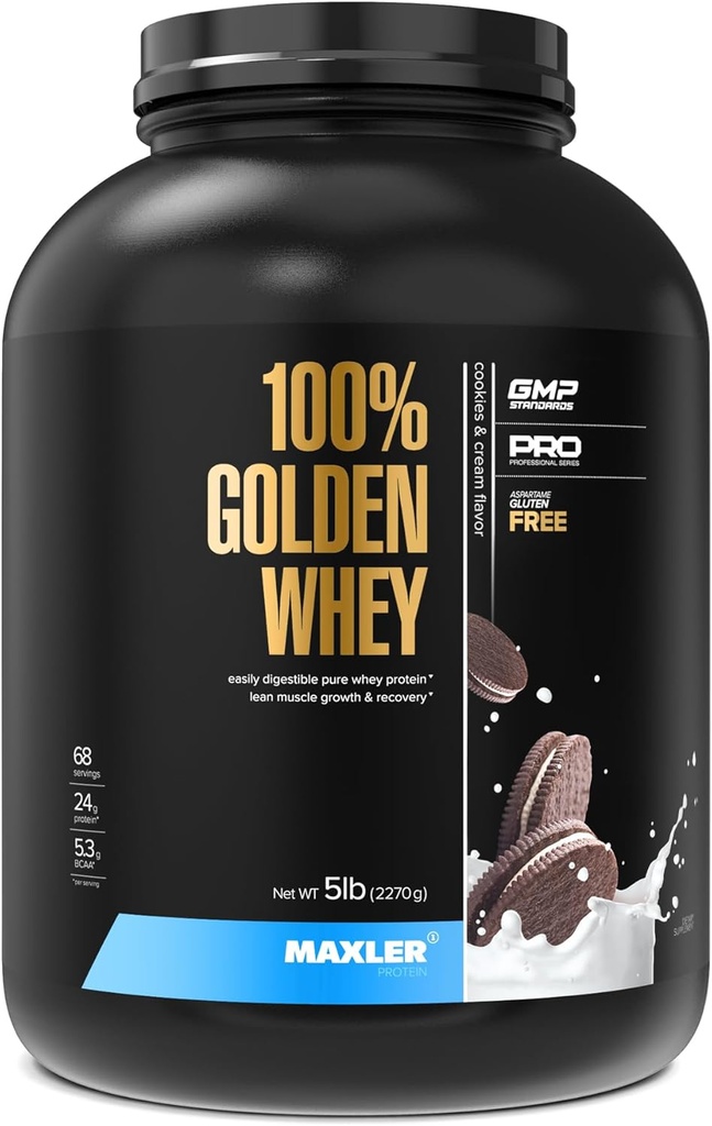 Maxler 100% Golden Whey Protein - 24g πρωτεΐνης ανά σερβίρισμα - Premium Whey Protein Powder for Pre Post Processout - Fast-Absorbing Whey Concent, Isolate & Hydrolysate Blend - Cookies & Cream 5 lb