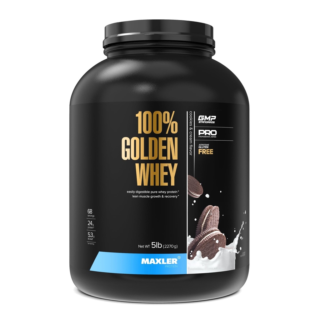 Maxler 100% Golden Whey Protein - 24g πρωτεΐνης ανά σερβίρισμα - Premium Whey Protein Powder for Pre Post Processout - Fast-Absorbing Whey Concent, Isolate & Hydrolysate Blend - Cookies & Cream 5 lb