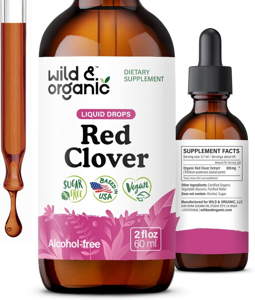 Άγρια & οργανικά Red Clover Extract Drops - Συμπληρώματα εμμηνόπαυσης για γυναίκες - 600 mg Υγρό Κόκκινο Clover Βάμμα - 1-Month Supply - Trifolium Pratense Blossom - Ζάχαρη & Αλκοόλ-Δωρεάν - 2 oz