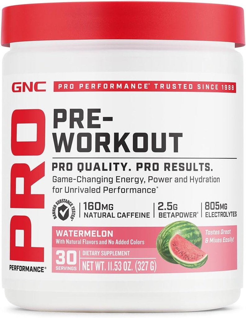 GNC Pro Performance Pre Expersion Powder for Men and Women, Energy, Hydration, and Focus, Sugar Free, Gluten Free, Performance Supplement, Watermelon, 30 Services