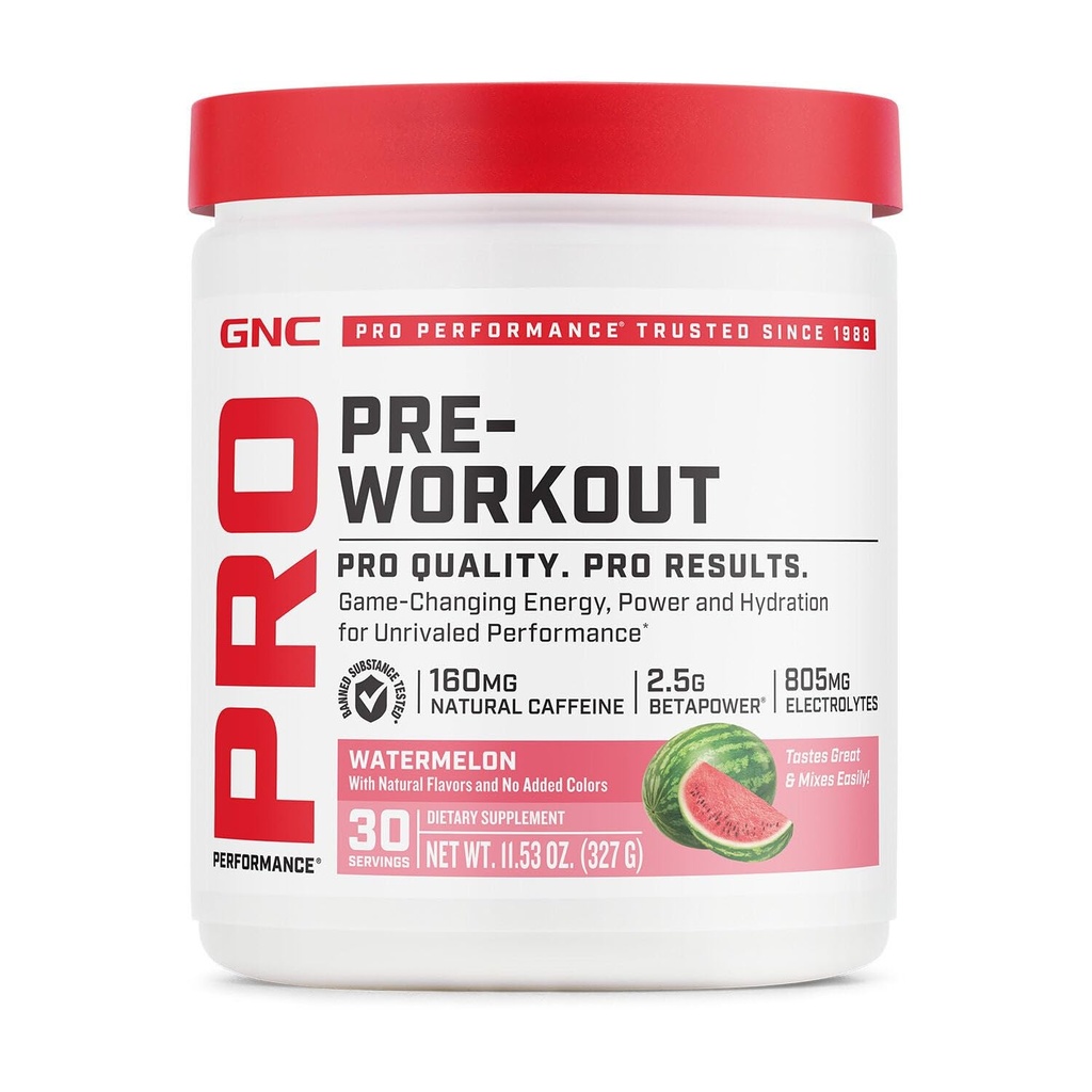 GNC Pro Performance Pre Workout Σκόνη για Άνδρες και Γυναίκες, Ενέργεια, Ενυδάτωση και Εστίαση, Χωρίς Ζάχαρη, Χωρίς Γλουτένη, Συμπλήρωμα Απόδοσης, Καρπούζι, 30 Υπηρεσίες
