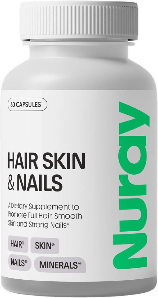 Nuray Hair, Skin & Nails Βιταμίνες – Biotin, Collagen & Hyaluronic Acid – Advanced Hair Growth Supplement – Προάγει την ομορφιά, την ακτινοβολία του δέρματος, & τη δύναμη των νυχιών – με το σύμπλεγμα βιταμίνης Β – 60 κάψουλες