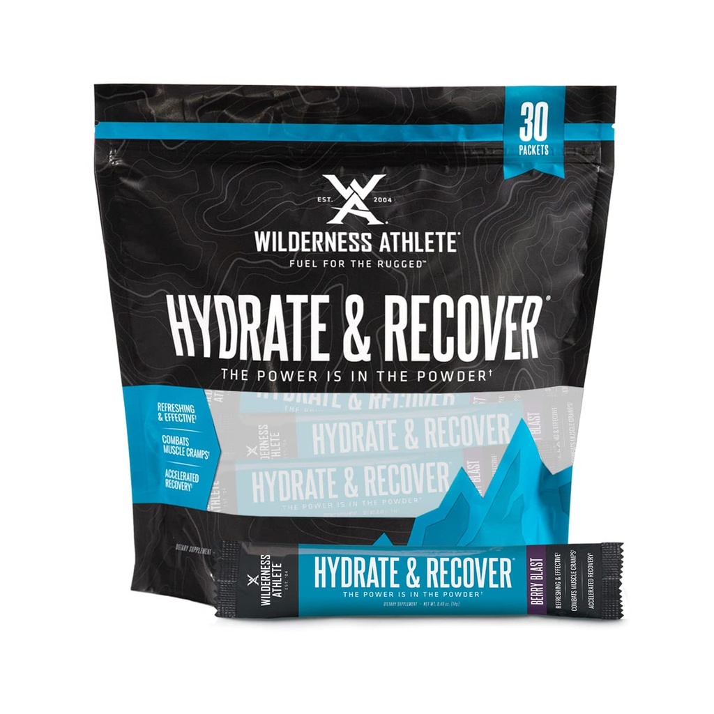 Wilderness Athlete - Hydrate & Recover | Liquid Hydration Packets Electrolyte Drink Mix - Recover Faster with Bcaas - 30 Single Serving Hydrate Packets (Berry Blast),0.49 Ounce (Pack of 30)