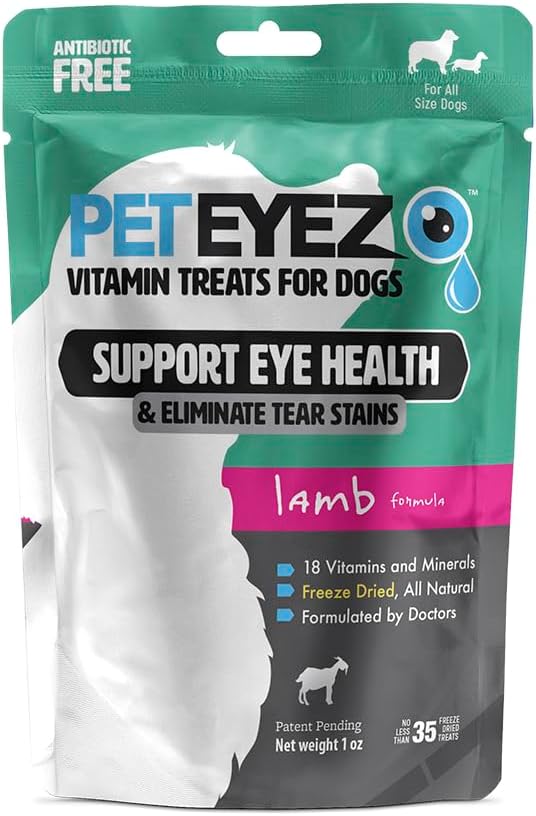 PetEyez Tear Stain Remover Vitamin Treats for Dogs - Support Eye Health & Reduce Itching & Tear Stain Buildup - 100% Natural Dog Treats with Superfoods, Antioxidants & Nutrients - Lamb Flavor - 1oz