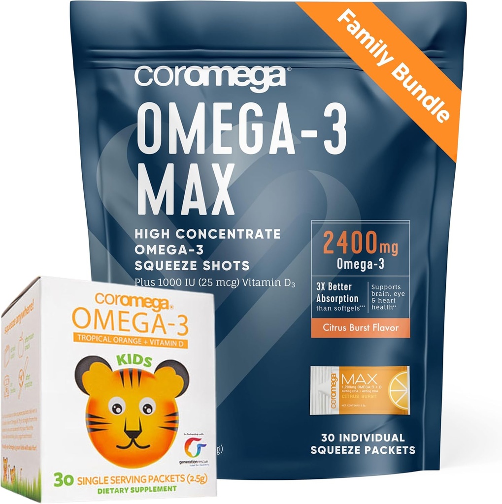 Coromega Family Bundle – Ωμέγα-3 Fish Oil for Adults & Kids (60 Squeeze Packets) 2400mg/650mg Ωμέγα-3 + Βιταμίνη D, 3X Περισσότερα Απορρόφηση από Χάπια, Χωρίς Ψάρια Επίγευση, Εσπεριδοειδή Burst & Τροπικό Πορτοκάλι