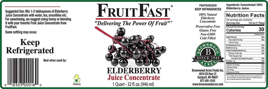 100% Pure Elderberry Juice Concentrate (32 fl. oz. - Pack of 4) by FruitFast - Brownwood Acres | Unsweetened, Non GMO, Gluten Free, All Natural Juice Extract - Promotes Healthy Immune Function*