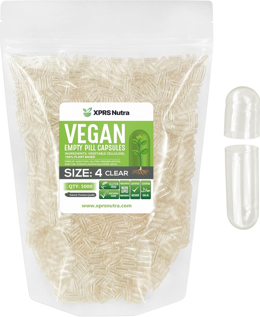 XPRS Nutra μέγεθος 4 άδεια κάψουλες - 5000 κόμης μικρές διαυγείς κενές κάψουλες Vegan - DIY κάψουλες πλήρωσης λαχανικών - πληρωτέα Do-It-Yourself Veggie χάπια για συμπληρώματα