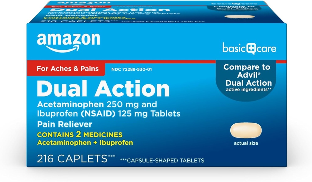 Basic Care Dual Action Acetaminophen 250 mg και Ibuprofen (NSAID) 125 mg δισκία, 216 Count