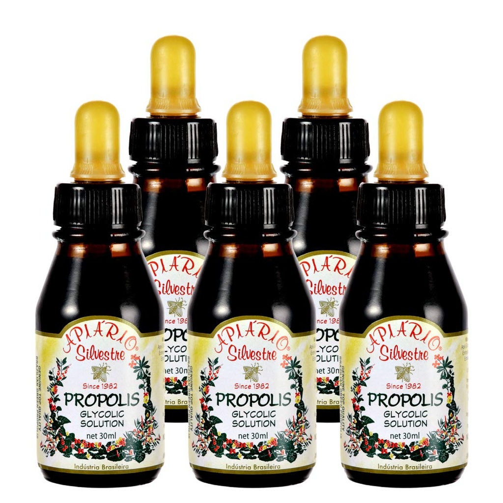 Official Distributor - 5 Bottles of Apiario Silvestre Brazilian Green Bee Propolis Liquid Glycolic Extract-Non Alcoholic, Wax Free, Sugar Free (PG)