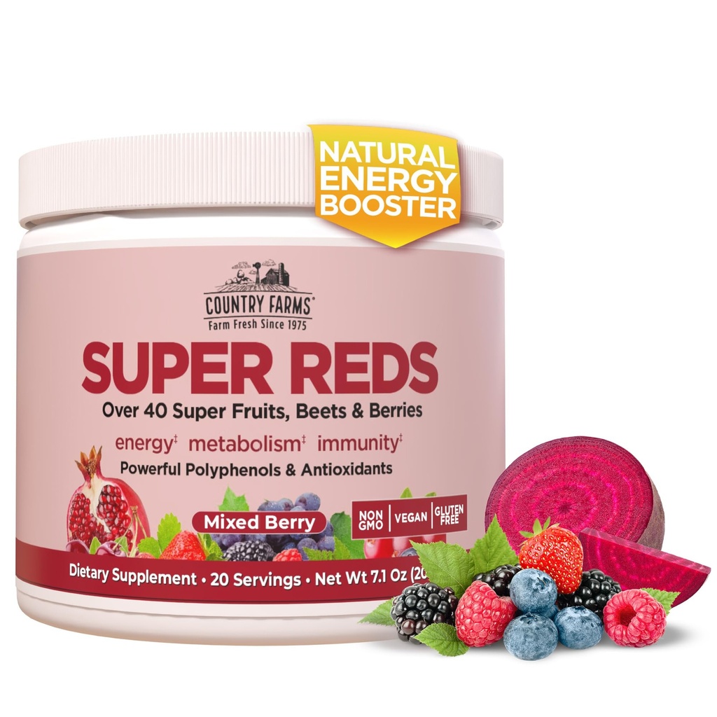 ΧΩΡΑ FARMS Super Reds, Energizing Polyphenol Superfood, 48 Σούπερ Φρούτα και μούρα, Ισχυρά Αντιοξειδωτικά και Πολυφαινόλες, Υποστηρίζει την ενέργεια, 20 Υπηρεσίες, Μικτή Γεύση Berry