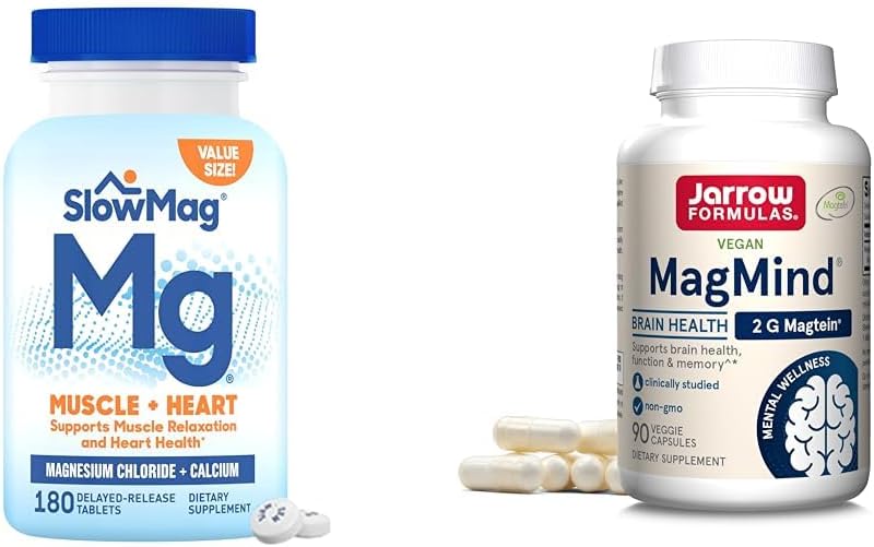 SlowMag Muscle + Heart Magnesium Chloride with Calcium Supplement to Support Muscle Relaxation & Jarrow Formulas MagMind Brain Health with Magtein (Magnesium L-Threonate), Dietary Supplement