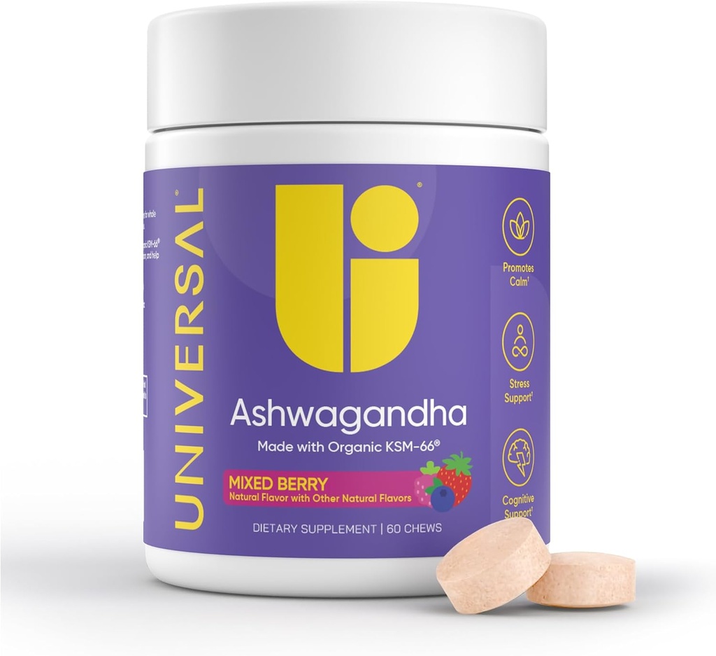 Ashwagandha KSM-66 Chews - Daily Stress, Cognitive Function and Mood Support Chewable Supplement, Bioavailable Full Spectrum KSM66 Ashwagandha Root Extract, Calm & Relaxation – Mixed Berry, 60 Count