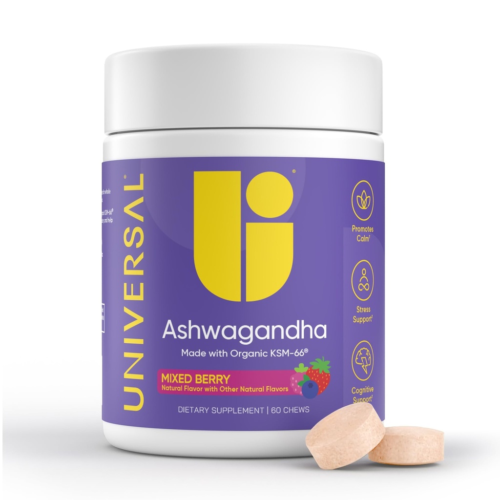 Universal U Calm + Focus Ashwagandha Chews – KSM-66® 300 mg Clinically Studied Extract for Stress Relief, Mood Balance & Calm Energy – Mixed Berry Flavor – 60 Chews