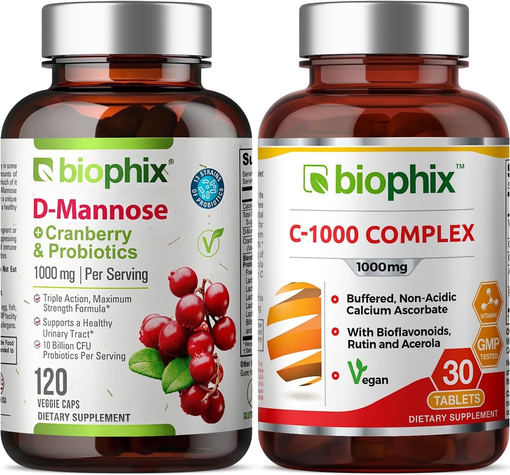 biophix D- Mannose Plus Cranberry Probiotics 1000 mg 120 Vcaps - Δωρεάν Βιταμίνη C- 1000 30 Tablets - Υποστηρίζει την Ουρολοίμωξη Φυλλαδική Υγεία και Πέψη