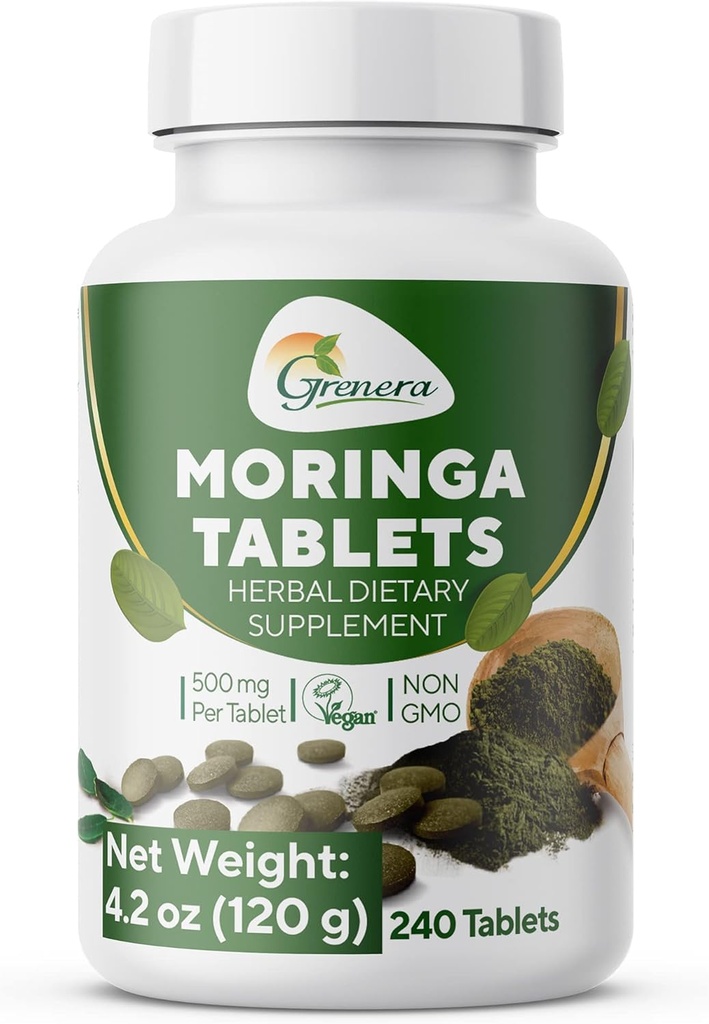 Grenera Moringa Δισκία 240 nos, Μη επιχρισμένο συμπλήρωμα βότανου Malunggay, Χωρίς Χημικό Επίστρωμα, Πράσινο Superfood, Εργαστήριο που έχει δοκιμαστεί για καθαρότητα