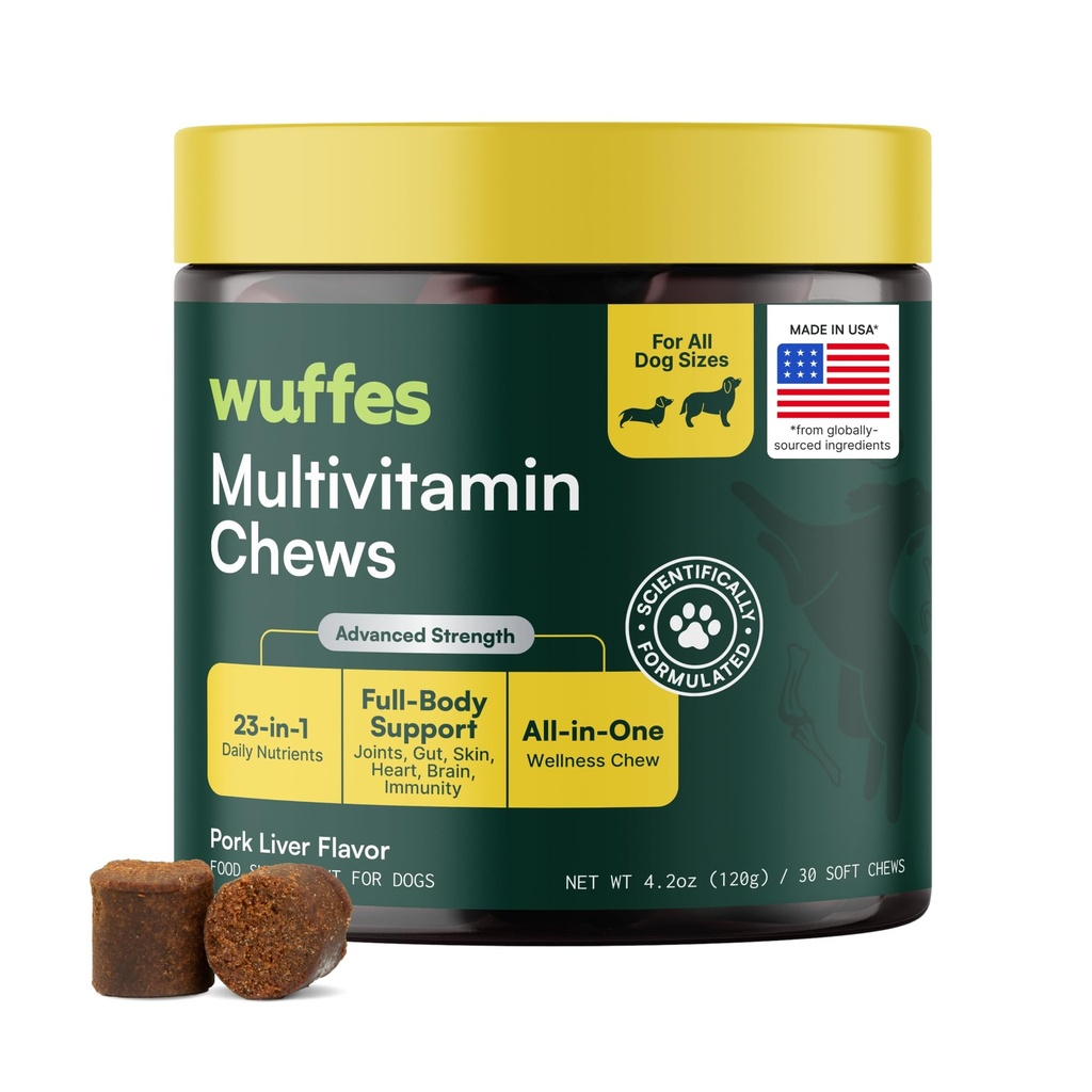 Wuffes 23-σε-1 Dog Multivitamin Supplement for Hip & Joint, Skin & Coat and Immune System Support with Omega 3, Iron, Zinc, Vitamin C - Minerals & Vitamins for Senior Dogs and Puppies - 30 Μαλακά μάσημα