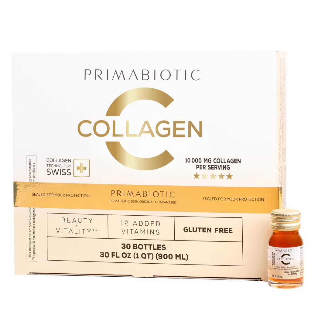 PRIMABIOTIC Liquid Collagen - Υψηλή περιεκτικότητα σε κολλαγόνο [10,000 Mg] Per Serving - Hydrolyzed Collagen and 12 Vitamins - Χωρίς γλουτένη- 900 Ml - Συσκευασία 30 Μπουκάλια x 30 Ml (1)