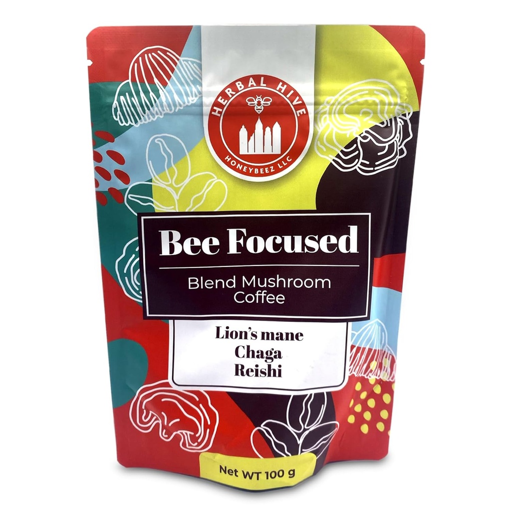 Mushroom Coffee by Herbal Hive Bee Focused Περιλαμβάνει Adaptogens Reishi, Lion's Mane, και Chaga Superfood Low Acid Instant 30 Υπηρεσίες (3.5 oz, Dark Roast)