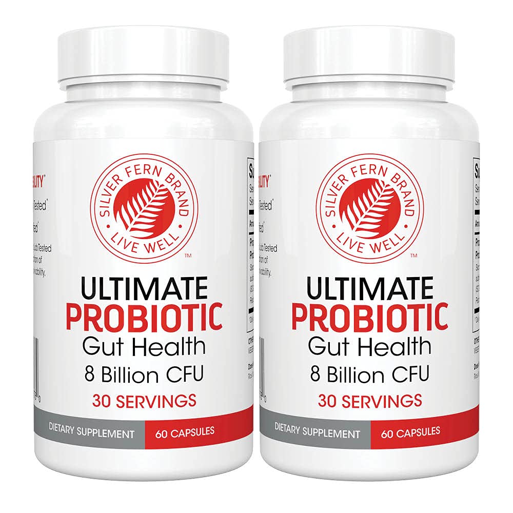 Ασημί Fern Ultimate Probiotic 2-πακέτο – Προβιοτικά για γυναίκες & άνδρες – 8 δισεκατομμύρια CFU Συμπληρώματα Υγείας Σπόρε-Σφυρηλάτησης Οπίσθια – DNA Επαληθευμένο, Vegan Probiotic, Ράφι-Σταθερό, Υψηλή Επιβίωση – 120 κάψουλες
