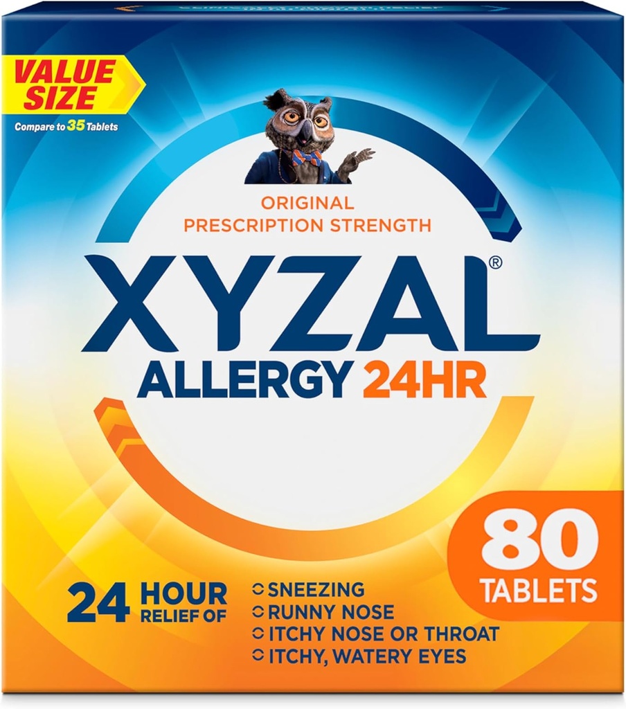 Xyzal 24 Hour Allergy Relief Medicine, Original Prescription Strength Antihistamine, Levocetirizine Dihydrochloride Tablets, 5 mg, 80 Count
