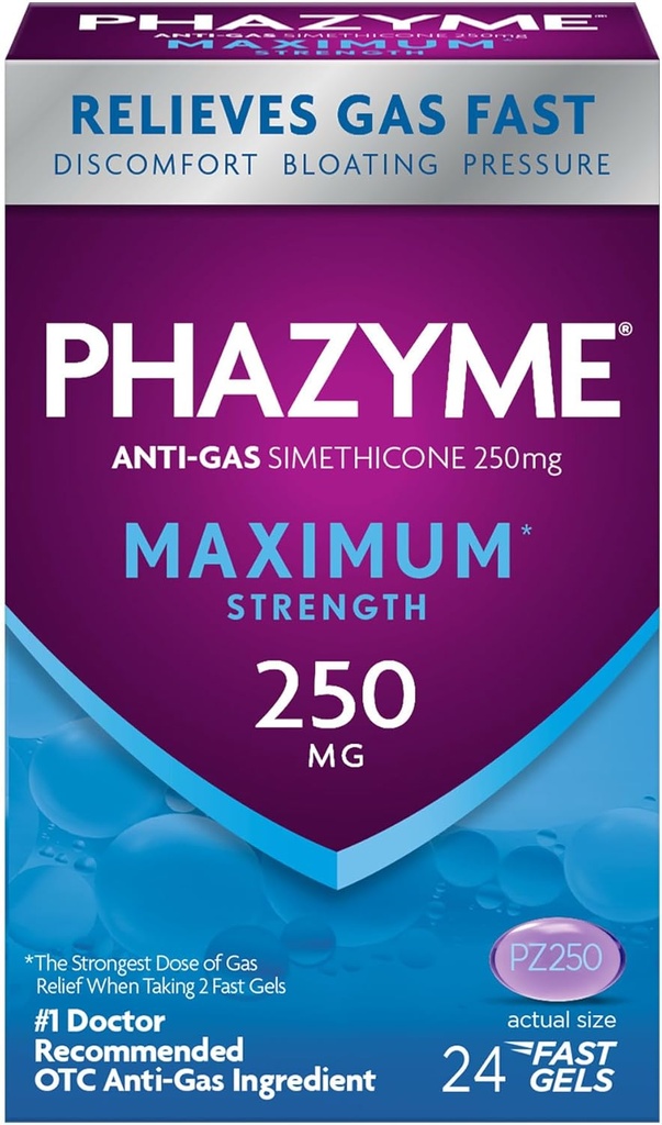 Phazyme Maximum* Strength Anti-Gas 250 mg Simethicone Gas Relief for Adults, Fast Gels Quickly Ease Bloating, Pressure & Discomfort, 24 Count